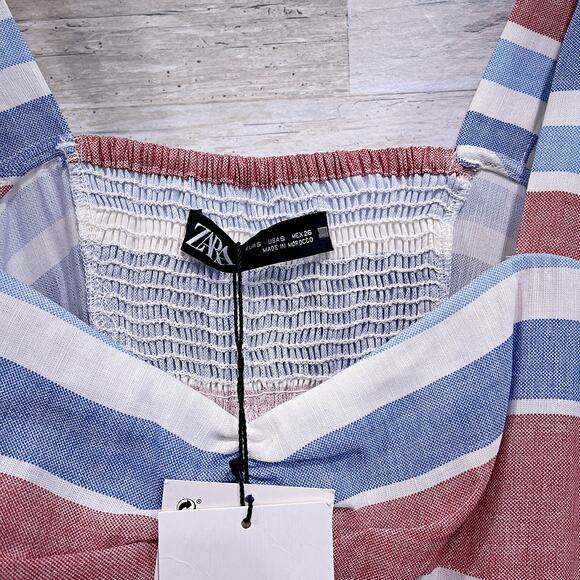 ZARA Striped Linen Blend Midi Sun Dress Red White Blue Mermaid Hem Womens Small - Picture 7 of 11